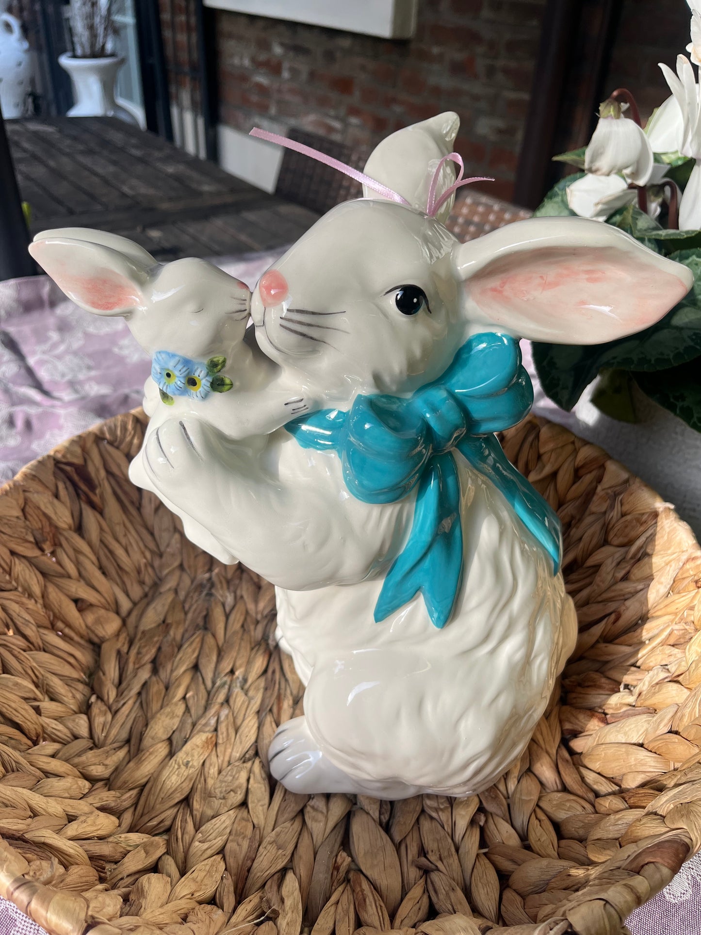 White Bunny Mom & baby figurine